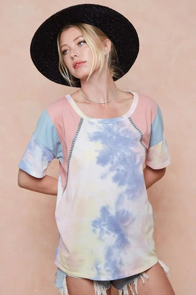 BiBi Tie Dye Printed Cotton Color Block T-Shirt for Women - Love Salve